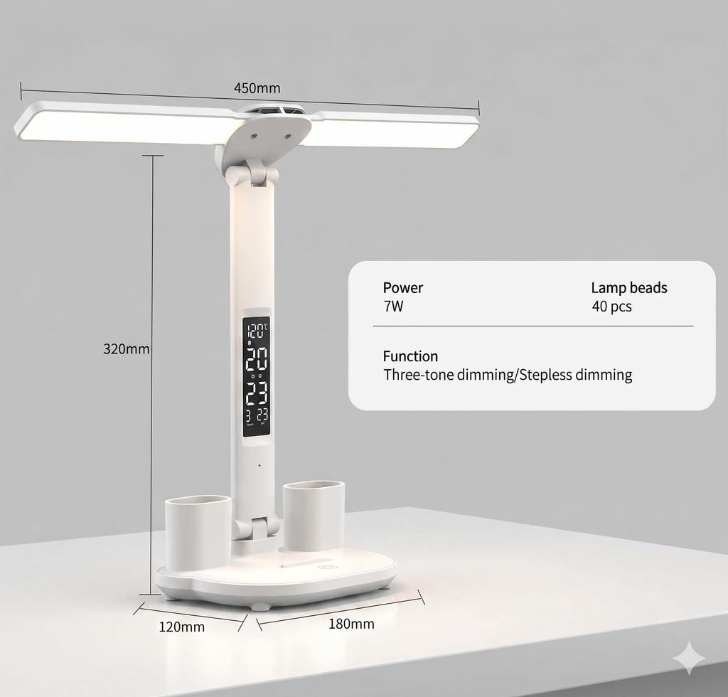 LED Dual-Head Desk Lamp – Touch Dimming, 3 Colour Modes, USB-Powered