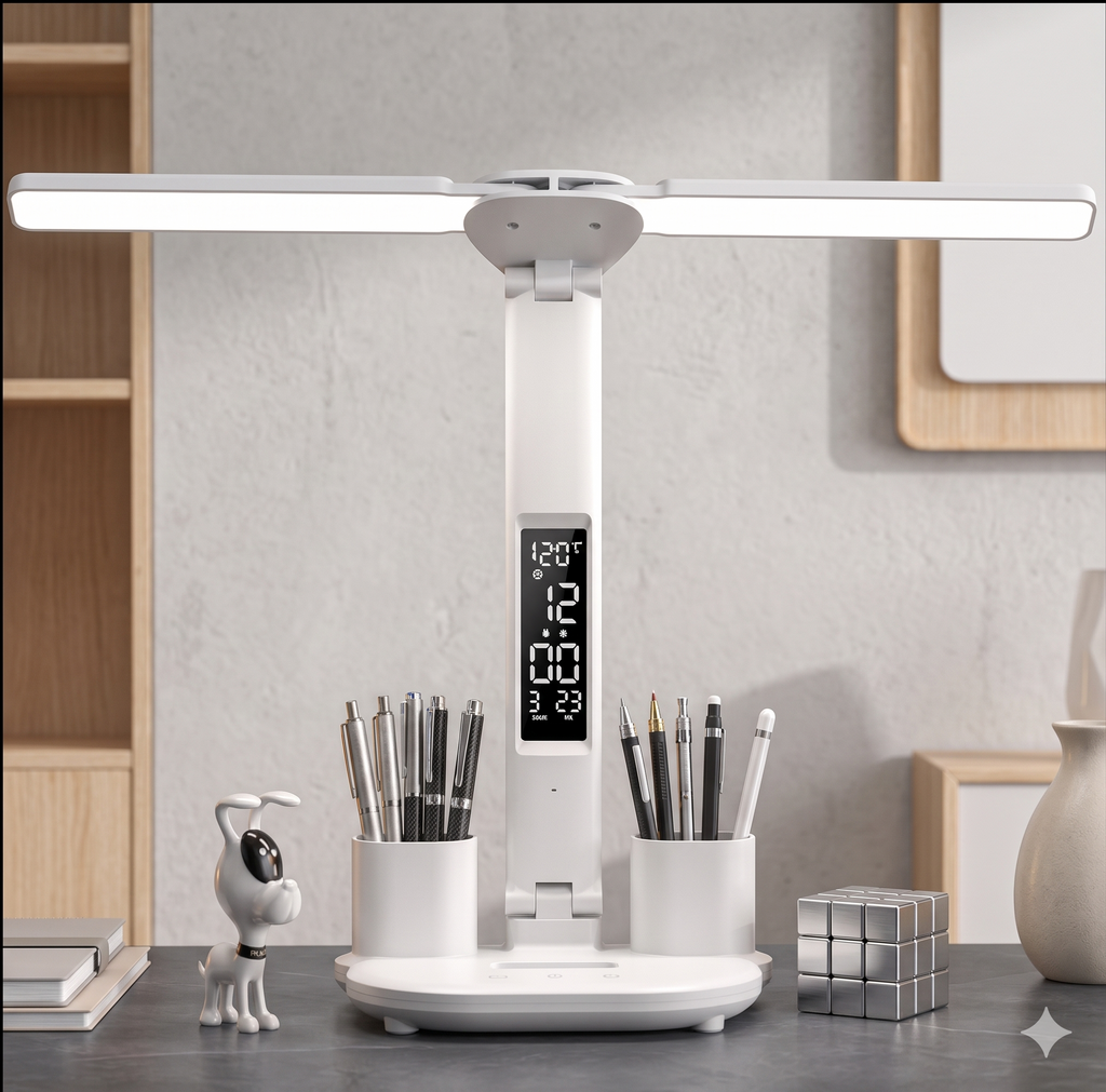 LED Dual-Head Desk Lamp – Touch Dimming, 3 Colour Modes, USB-Powered