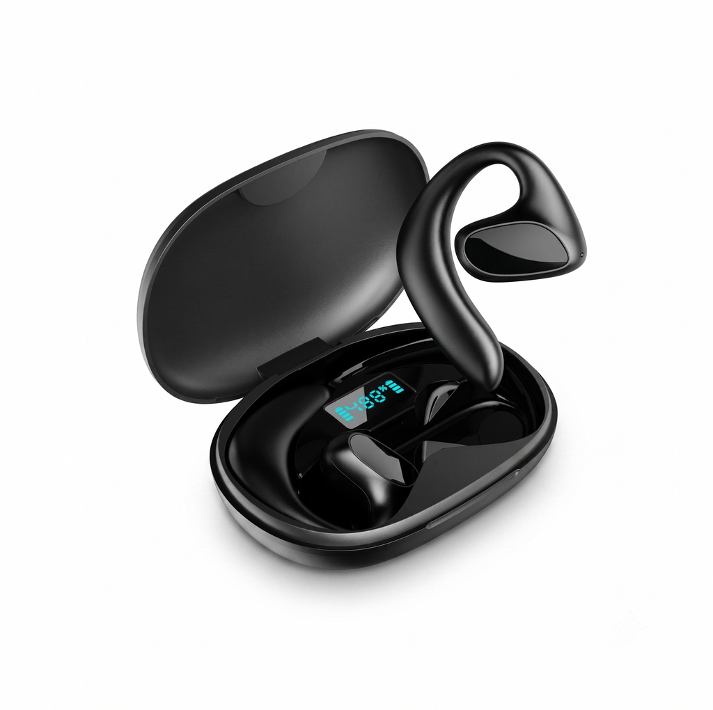 Black wireless earbuds with charging case on a white background