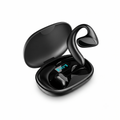 Black wireless earbuds with charging case on a white background