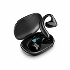 Black wireless earbuds with charging case on a white background