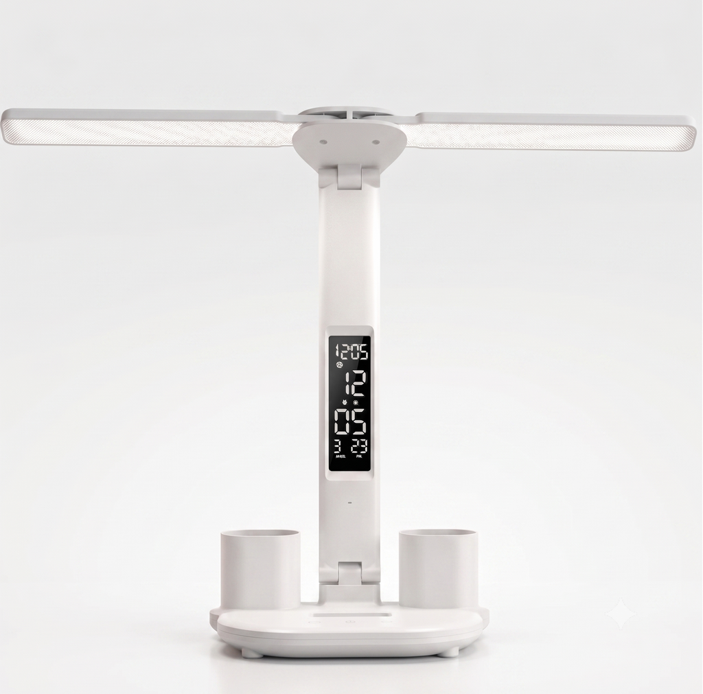 White LED desk lamp with digital clock and temperature display on a white background