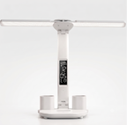 White LED desk lamp with digital clock and temperature display on a white background