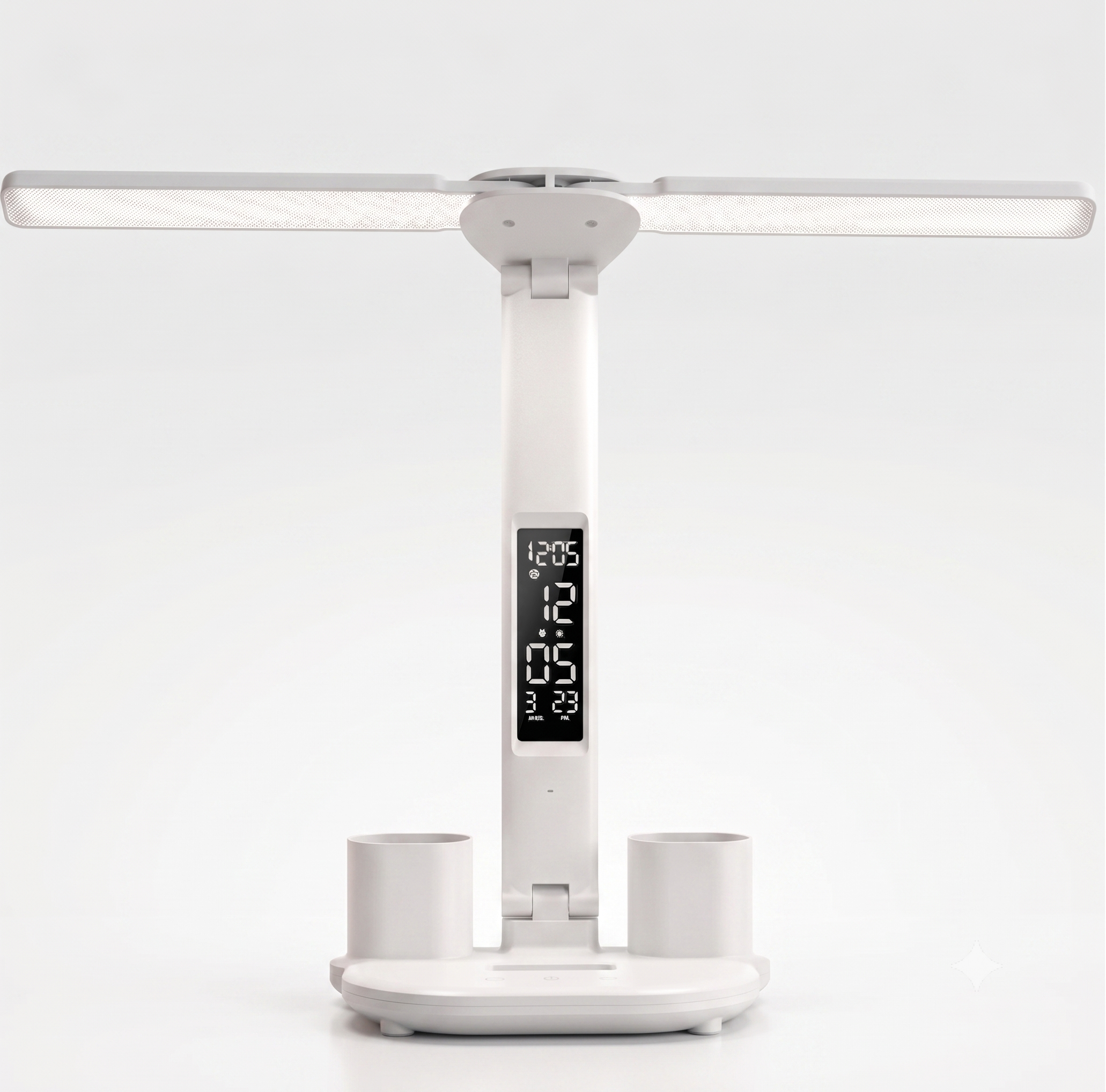 White LED desk lamp with digital clock and temperature display on a white background